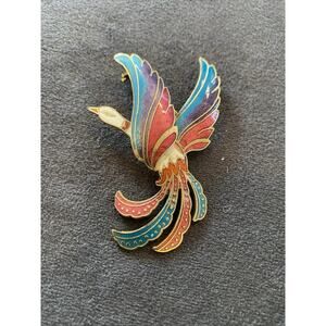 Vintage Enamel Peacock Brooch Bird in Flight Gold Tone 2.5 inch Colorful Pin